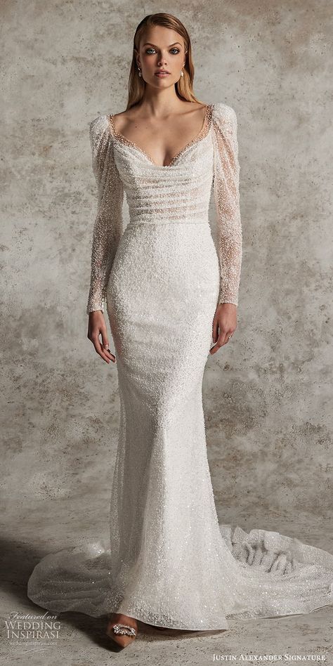 justin alexander signature fall 2024 bridal sheer long puff sleeves cowl sweetheart neckline fully embellished sheath column wedding dress chapel train (9) mv -- Justin Alexander Signature Fall 2024 Wedding Dresses | Wedding Inspirasi  #wedding #weddings #bridal #weddingdress #weddingdresses #bride #fashion #label:JustinAlexanderSignature #season:Fall/Winter #week:102024 #year:2024 ~ Fall 2024 Wedding, Wedding Gown With Sleeves, Wedding Gown Trends, Justin Alexander Bridal, Justin Alexander Signature, Floral Wedding Gown, Sincerity Bridal, Column Wedding Dress, 2024 Wedding Dresses