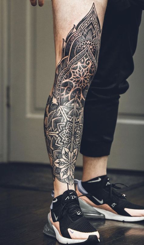 Mandala Tattoo Leg Sleeve Men, Mandela Leg Sleeve, Leg Sleeve Tattoo Male Design, Mens Shin Tattoo, Geometric Leg Tattoo, Geometric Tattoo Leg Sleeve, Mandala Leg Sleeve, Shin Tattoo Men, Mandala Leg Tattoo