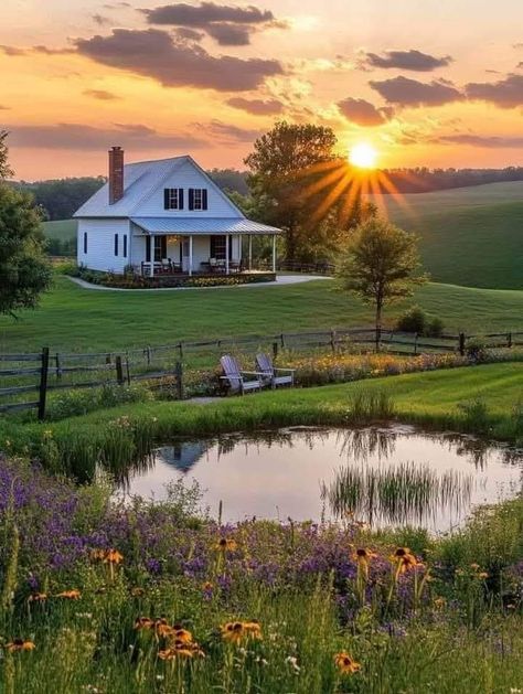 House On Farm Aesthetic, House In Open Field, Farm Life Aesthetic House, Farm Property Layout, Country Minimalist Home, Small House Big Yard, House On Big Land, Cute Houses In The Woods, Cozy Farm Aesthetic