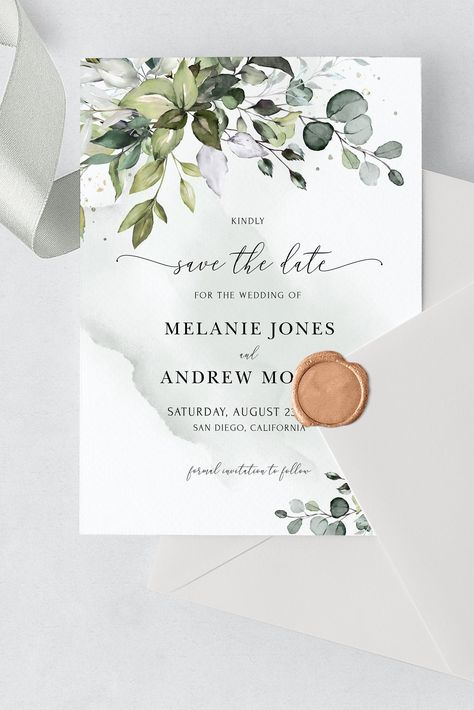 Boho Watercolor Greenery Save The Date Template with Eucalyptus Leaves • INSTANT DOWNLOAD • Editable, Printable Templett # #printableinvitation #instantdownload #editableinvitation #invitationtemplate #greenerywedding #savethedate Boho Watercolor, Budget Friendly Wedding, Watercolor Greenery, Save The Date Template, Custom Wedding Signs, Save The Date Templates, Stationery Templates, Eucalyptus Leaves, Large Weddings