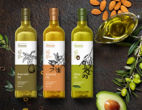 Greaso - Label Design on Behance Olive Oil Label Design Ideas, Olive Label Design, Olive Oil Packaging Design Ideas, Organic Label Design, Oil Bottle Label Design, Wine Label Design Ideas, Olive Oil Label Design, Oil Bottle Design, Olive Oil Branding