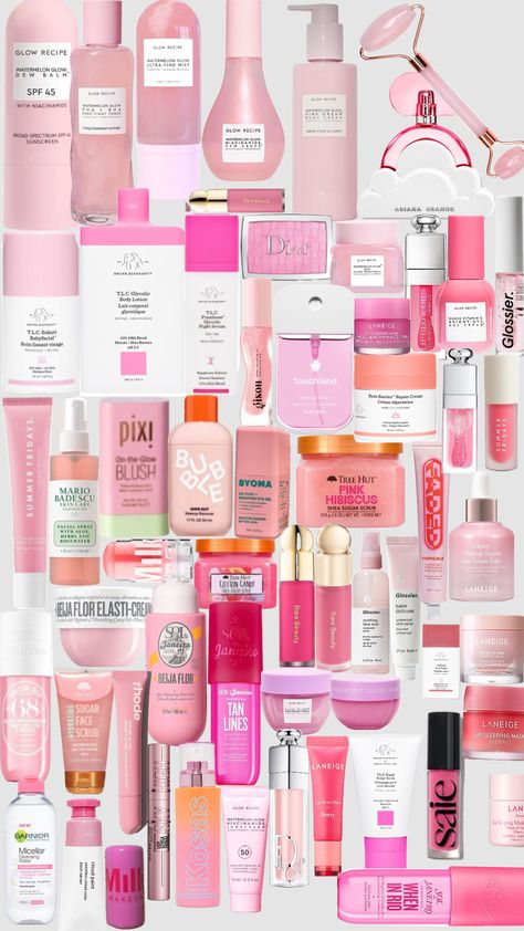 Pink skincare #pink #skincare #preppy #f4f Pink Skincare Routine, Pink Skincare, Light Pink Skincare, Preppy Night Skincare, Preppy Skincare/makeup, Preppy Skincare Shuffles, Glamour Makeup Looks, Preppy Makeup, Preppy Gifts