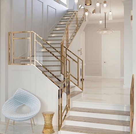 Brass staircase by  JL Decors Gold Staircase, Vstupná Hala, درج السلم, Hipster Home Decor, Luxury Staircase, Staircase Railing Design, Stairs Design Interior, Stair Railing Design, Stairway Design