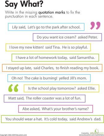 Practice with quotation marks in dialogue. This can be used as part of a dialogue lesson. Students can then write a story including dialogue for more practice. Teaching Dialogue, Speech Marks, Third Grade Writing, 3rd Grade Writing, 4th Grade Writing, Third Grade Reading, Grammar And Punctuation, 3rd Grade Reading, Teaching Grammar