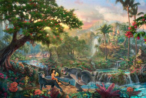 Disney's Jungle Book By Thomas Kinkade Mogli Jungle Book, Thomas Kinkade Art, Thomas Kinkade Paintings, Kinkade Disney, Kinkade Paintings, Thomas Kinkade Disney, Disney Parque, Walt Disney Imagineering, Animation Disney