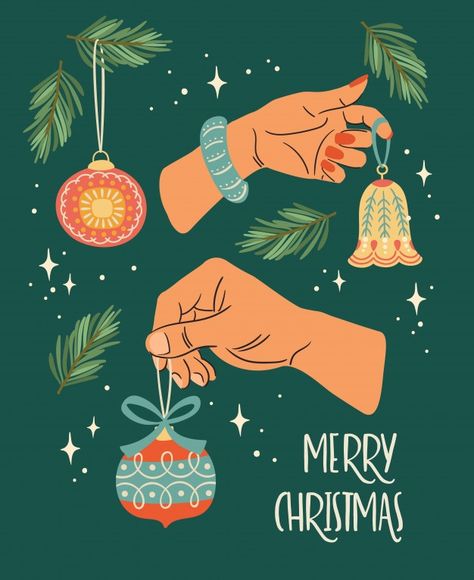 Modern Christmas Illustration, Happy New Year Illustration, Realistic Christmas Trees, Christmas Graphic Design, Female Hands, Xmas Greeting Cards, New Year Illustration, Banner Drawing, Modern Christmas Cards