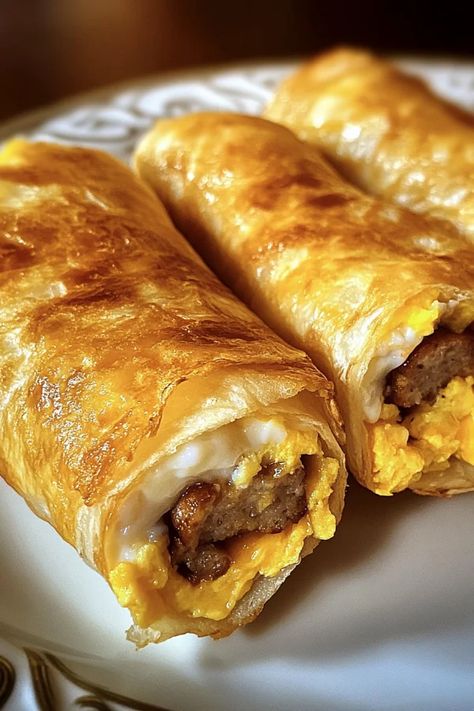 Start your day with Sausage, Egg, and Cheese Breakfast Roll-Ups! Easy to make, packed with cheesy, savory goodness & perfect for on-the-go mornings. Customize with your favorite ingredients. Save this recipe and try it! Ham Egg And Cheese Roll Ups, Savory Breakfast Buns, Pancake Roll Ups, Breakfast Burrito Recipe Sausage, Grab N Go Breakfast, Breakfast Egg Rolls, Goat Cheese Omelette, Sausage Crescent Rolls, Sausage Breakfast Sandwich