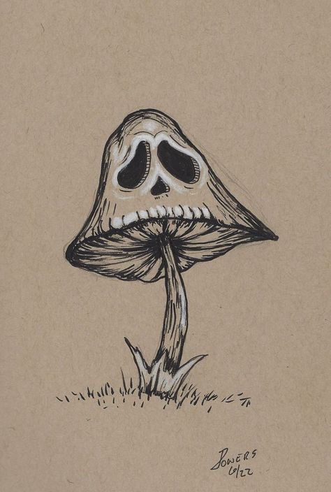 Skull And Mushroom Art, Skull With Plants Drawing, Poisonous Mushroom Tattoo, Trippy Ink Drawings, Emo Mushroom Drawing, Things To Sketch Mushrooms, Skull Pen Sketch, Goth Mushroom Drawing, Drawing Inspo Mushrooms