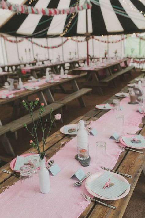 Quirky pink wedding reception decor  | Millie Benbow Photography Pink Wedding Reception Decor, Pink Wedding Receptions, Cornwall Wedding, Pink Wedding Inspiration, Wedding Reception Decor, Pink Dinosaur, Color Palette Pink, Reception Decor, Junebug Weddings