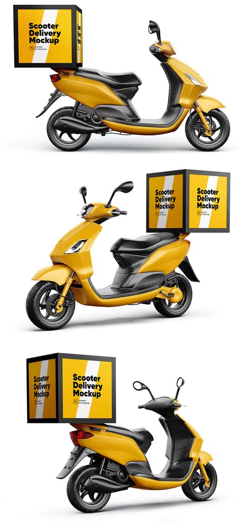 Scooter Delivery Mockups Set Delivery Bike Design, Delivery Motorcycle, Delivery Scooter, Courier Business, Delivery Bike, Bike Graphics, Digital Ideas, Elegant Presentation, Conceptual Illustration