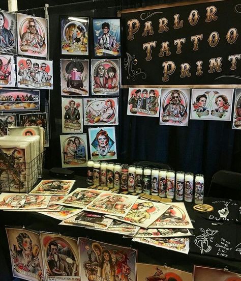 @parlor_tattoo_prints  at a tattoo convention  2017 Convention Booth Ideas, Tattoo Convention Booth, Tatto Print, Convention Booth, Tattoo Convention, Artist Alley, Booth Ideas, Pinball Machine, A Tattoo