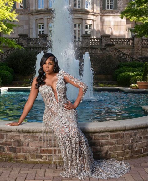 Silver Prom Black Couple, Silver Dresses Prom, All Diamond Prom Dress, Gold And Silver Prom Dress, Prom Pictures Black Women, Prom Silver Dress, Silver Wedding Dress Black Women, Silver Prom Dress With Date, Prom Pictures Black People