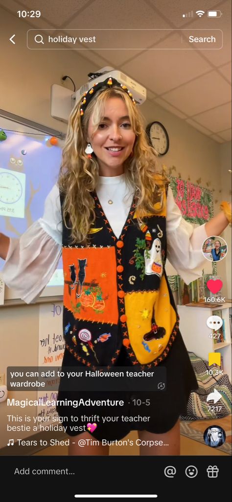 Whimsical Teacher Outfit, Teach Outfits Elementary, Cool Teaching Outfits, Fun Cardigan Outfit, Crochet Work Outfit, Music Teacher Aesthetic Outfit, Halloween Vest Outfit, Eclectic Teacher Outfits, Teacher Outfit Ideas Elementary