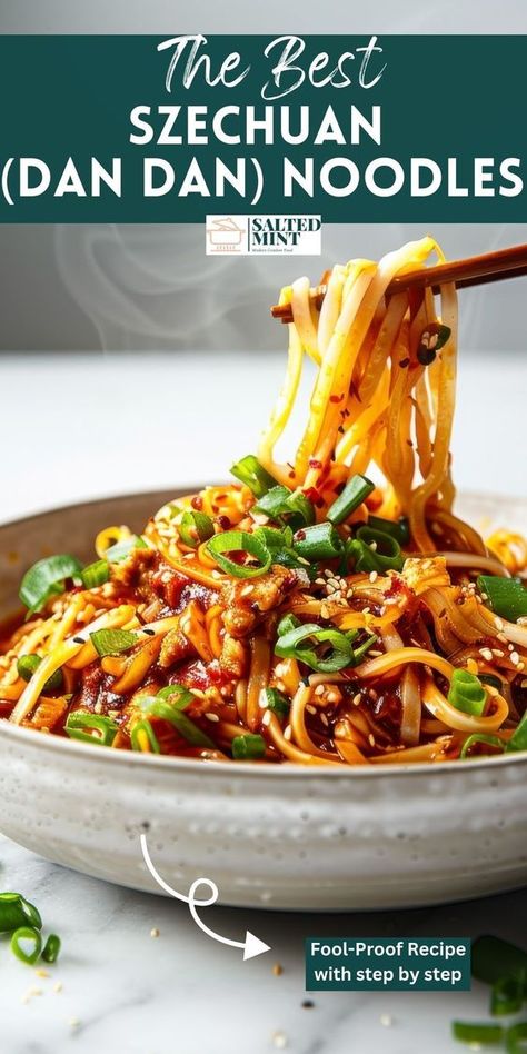 Enjoy a delicious and easy dinner with these Szechuan noodles. Ready in 30 minutes, these spicy Chinese noodles are a must-try for fans of dan dan noodles. Pork Dan Dan Noodles, Noodles Dinner Recipes, Chinese Meal Ideas, Easy Chinese Noodle Recipes, Vegan Dan Dan Noodles, Asian Noodle Side Dish, Chinese Spicy Noodles, Chicken Asian Noodles, Din Tai Fung Spicy Noodles Recipe