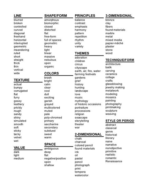 Word bank for art terms- help to develop the students and their grasp of academic language. Art Vocabulary, Art Assessment, Art Analysis, Art Critique, Art Teacher Resources, Art Handouts, High School Art Lessons, Art Criticism, Art Theory