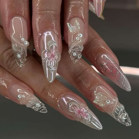 3d Nail Designs, 3d Flower Nails, Pretty Gel Nails, Almond Acrylic Nails, Glass Nails, Funky Nails, Dream Nails, Long Acrylic Nails, 3d Nails