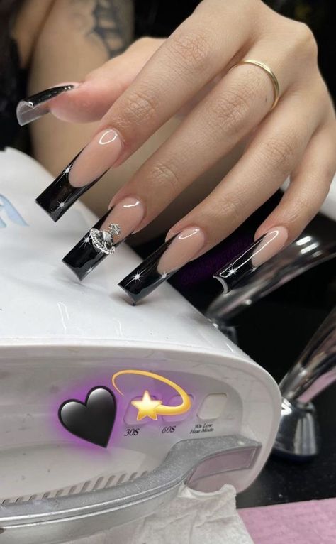 Black Acrylic Nails Ideas Square, Black Square Nails With Glitter, Black Square Nails Long, Long Black Acrylic Nails Designs, Long Black Acrylic Nails, Black Acrylic Nails Ideas, Black Y2k Nails, Black Nail Sets, Birthday Nails Black