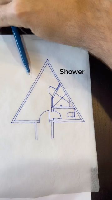 Dory Azar on Instagram: "Can we design a triangular bathroom? Yup! ✅ #doryazararchitect #doryafterdark #thatwouldneverhappenright #bathroomdesign #toilet #sink #shower #makeupcounter @staplescanada @pilotpenusa #pilotpen #pilotpens #powertothepen" Triangle Toilet Paper, Triangular Shower Bathroom, Triangle Corner Shower, Triangle Plan Architecture, Triangular Bathroom, Triangular Architecture Concept, Makeup Counter, Toilet Sink, Pilot Pens