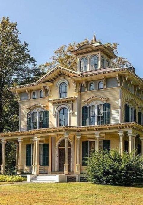 Blue Victorian House, Old Victorian Mansions, Second Empire House, Victorian Home Ideas, American Style Homes, Queen Anne House, Stone Fireplace Surround, Mansion Exterior, Old House Interior