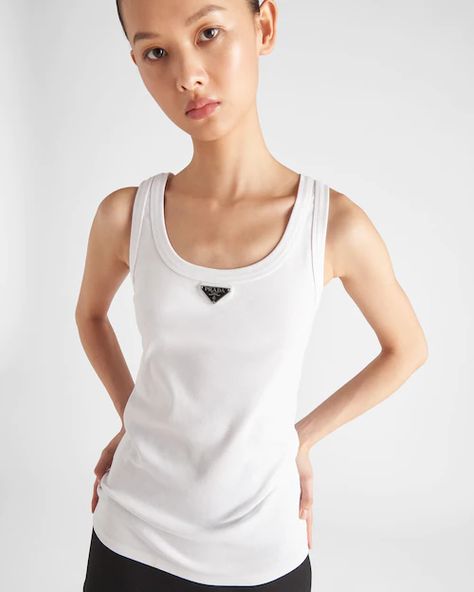 Prada Logo, Sleeveless Long Dress, Maxi Jersey Dress, Jersey Tank Top, Triangle Logo, Knitted Tank Top, White Tank Top, Women's Summer Fashion, White Tank