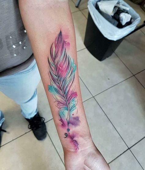 Feather Tattoo Colour, Watercolour Tattoo, Indian Feather Tattoos, Daffodil Tattoo, Coverup Tattoo, Gem Tattoo, Semicolon Tattoo, Indian Tattoo, Tatuaje A Color