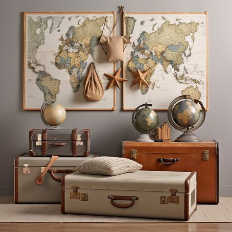 Inspire your baby boy's adventurous spirit with an exploration-themed nursery. World map wall art, vintage suitcases as storage, and travel-themed decor set the stage. Opt for earthy tones and incorporate globes and compasses into the design. Baby Boy Adventure Nursery, Explorer Baby Shower Theme, World Nursery Theme, Around The World Nursery, Travel Nursery Theme, Adventure Nursery Boy, Travel Baby Nursery, Nursery Travel Theme, Traveler Nursery