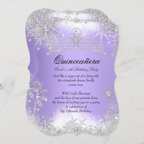 Quinceanera Winter Wonderland Lilac Purple Snow Invitation | Zazzle.com Quinceanera Winter Wonderland, Winter Wonderland Quinceanera, Winter Quinceanera, Invitation Quinceanera, Winter Birthday Invitations, Fifteenth Birthday, Winter Invitations, Purple Snow, Party Tiara