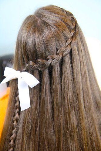 Waterfall Braid with Ribbon Look Waterfall Braid Hairstyle, Cool Hairstyles For Girls, Cute Braided Hairstyles, Graduation Hairstyles, Dance Hairstyles, A Ponytail, Waterfall Braid, A Pony