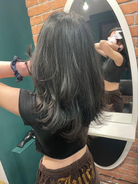 Mid Length Wolf Cut Straight Hair, Wolf Cut Hair Back View, Wolf Cut Medium Hair Straight, Curled Wolf Cut, Mid Wolf Cut, Outgrown Wolf Cut, Overgrown Wolf Cut, Wolf Cut Back View, Wolf Cut 360 View