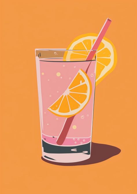 Orange And Pink Poster, Limoncello Illustration, Drink Art Illustration, Alcohol Graphic Design, Drink Illustration Graphics, Cocktail Illustration Graphic Design, Drinks Illustration, Lemonade Illustration, Art Alevel