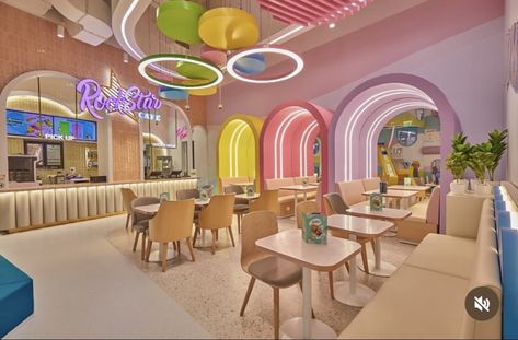 Kids Cafe Ideas, Play Cafe Ideas, Kids Cafe Interior, Play Cafe Business, Candy Store Design, Indoor Playground Design, Kids Restaurants, Kids Salon, Kindergarten Interior