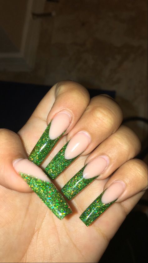 Green Ombre Nails Glitter, Green Nails Sparkle Glitter, Green Sparkle Nails Acrylic, Green Glitter Acrylic Nails, Glitter Nails Green, Green Sparkly French Tip Nails, Green Glitter French Tip Nails, Glitter Green Nails, Sparkly Green Nails