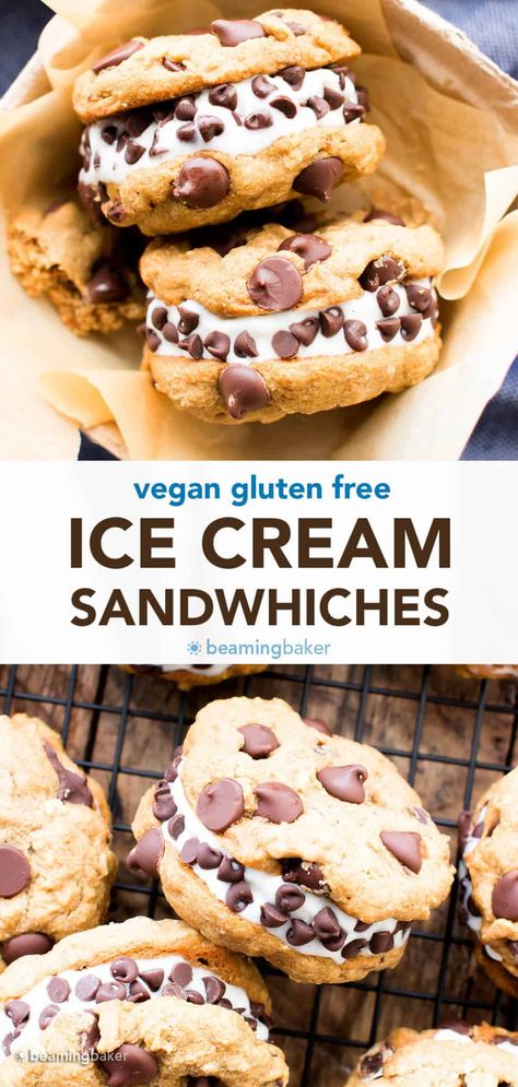 Vegan Ice Cream Sandwiches (Gluten Free) - Beaming Baker Gluten Free Ice Cream Sandwich, Beaming Baker, Gluten Free Ice Cream, Gluten Free Chocolate Chip Cookies, Dairy Free Ice Cream, Gluten Free Chocolate Chip, Chocolate Chip Ice Cream, Ice Cream Sandwiches, Gluten Free Sweets