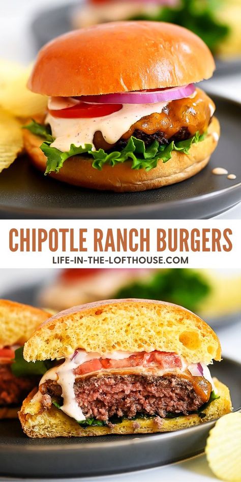 Creamy Ranch Sauce, Homemade Hamburger Patties, Delicious Burger Recipes, Grilled Burger Recipes, Ranch Burgers, Chipotle Ranch Dressing, Ranch Sauce, Juicy Burgers, Chipotle Ranch