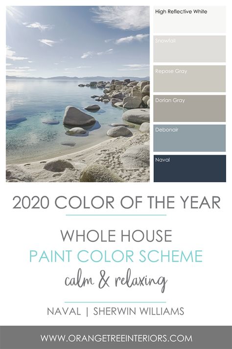 2020 Colour of the Year! + The Best Paint Finishes for Your Home – Orangetree Interiors Naval Paint Color Scheme, All Blue House Interior, Colour Palette Exterior House, Best Color Schemes For Living Room, 2023 House Color Trends, Hamptons Paint Colours, Nautical Paint Scheme, Cool Home Color Palette, Blue House Interior Colour Schemes