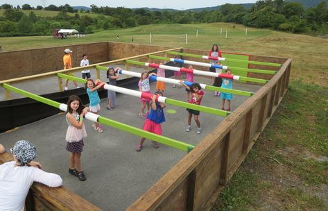 Giant Lawn Games Toolbox — Community Workshop Swimming Pool Outfit, Kid Playground, Giant Lawn Games, Human Foosball, Jump Park, Diy Kids Playground, Overnight Camp, Diy Yard Games, Fun Park