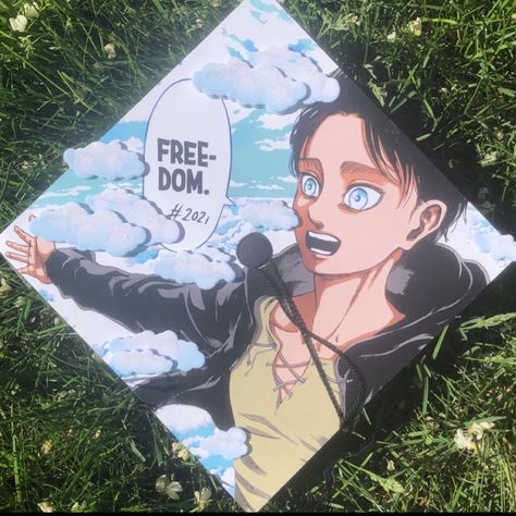 Attack on titan season 4 Eren freedom gradation 2021 cap College Cap Ideas For Graduation, Jjba Graduation Cap, Anime Cap Ideas For Graduation, Minecraft Graduation Cap Ideas, Graduation Cap Anime Designs, Hxh Graduation Cap, Anime Cap Decoration Graduation, Cap Decoration Graduation Anime, Attack On Titan Graduation Cap