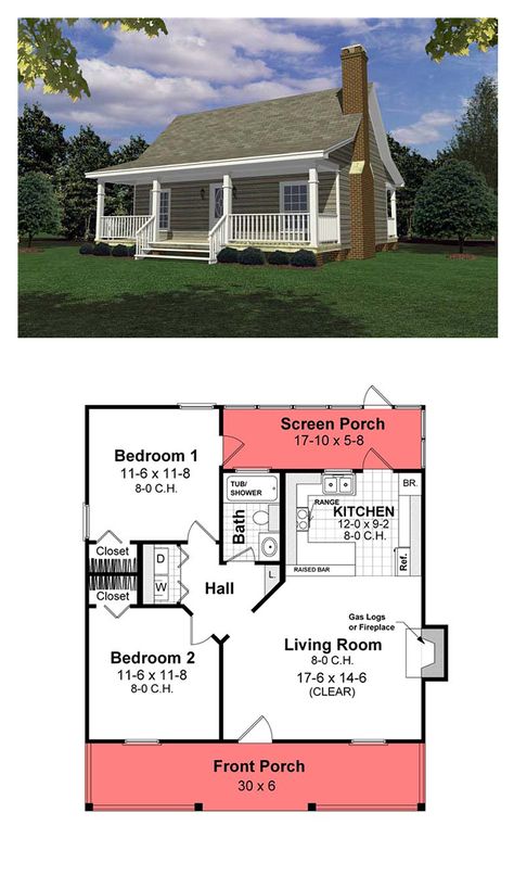 2 Bed 2 Bath House Plans Cottage, Two Bedroom Tiny House, Cool House, Cottage Floor Plans, 2 Bedroom House Plans, Small House Floor Plans, Small Bedrooms, Cabin House Plans, Tiny House Floor Plans