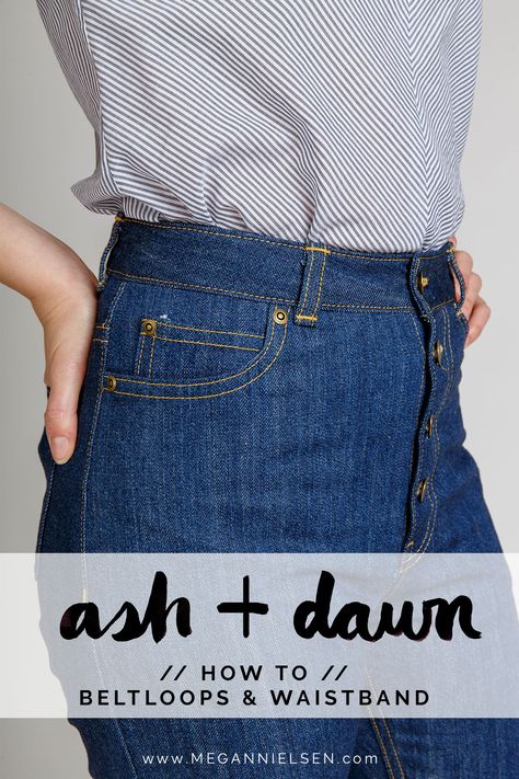 How is everyone’s Ash jeans coming along? We’re getting down to details now – you’ll be finished in no time! I’ve used the Ash jeans in this tutorial, but the steps for the Dawn jeans are exactly the same so you can follow along with both patterns. Today I’ll cover how to attach the waistband and belt … Jeans Pattern Sewing, Making Jeans, Ash And Dawn, Blouse Tutorial, Ginger Jeans, Sewing Jeans, Patterned Jeans, Blouse Pattern Sewing, The Dawn