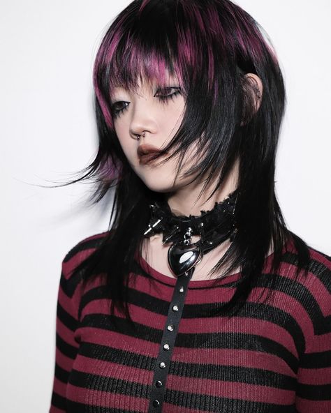 Cheshire Cat Hair Hairstyles, Blonde And Black Wolfcut, Messy Punk Hair, Colored Hair With Black Tips, Colored Bangs Black Hair, Scene Hair Color Ideas, Stunk Hair Dye, Harajuku Haircut, Peekaboo Skunk Stripe