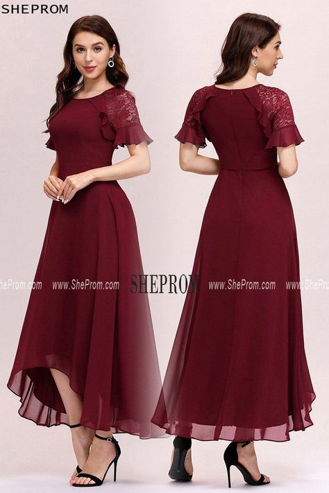 Trendy Dress Styles, Red A Line Dress, Wedding Outfits For Women, Dark Red Dresses, Chiffon Party Dress, Modest Bridesmaid Dresses, Red Bridesmaid Dresses, Wedding Party Dress, Dress With Short Sleeves