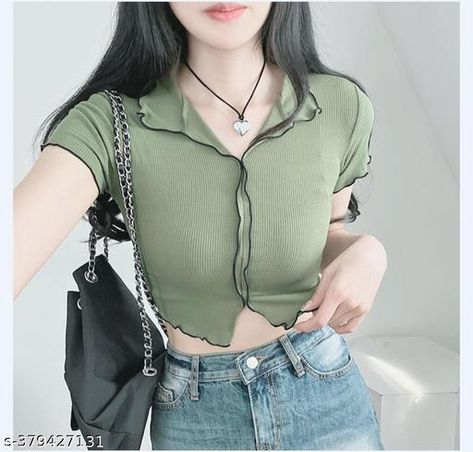 Half Shirt, Midriff Top or Cutoff Shirt Verdusa Ruched Crop Top: The Perfect Summer Top Olive Colour, Half Shirt, Midriff Top, Cut Off Shirt, Korean Top, Ruched Crop Top, Simple Style Outfits, Dress Materials Cotton, Half Shirts