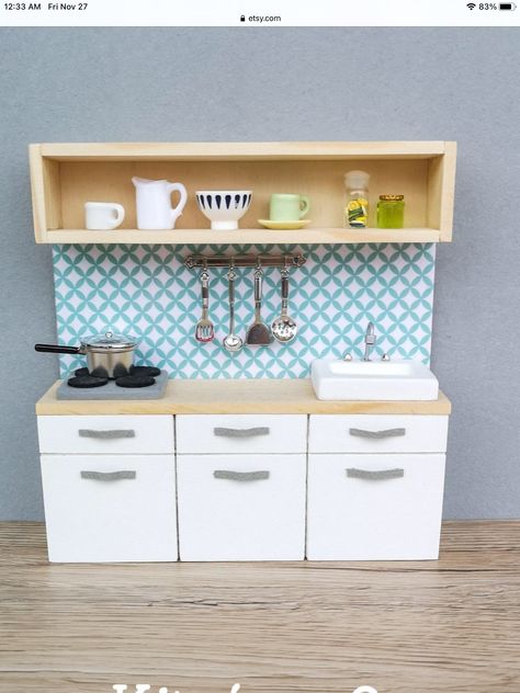 Diy Barbie Kitchen Furniture, Barbie Kitchen Ideas, Barbie Doll Kitchen Diy, Miniature Kitchen Diy Cardboard, Diy Dollhouse Kitchen Cabinets, Mini Kitchen Diy Doll Houses, 12 Inch Doll Kitchen Furniture, Dollhouse Furniture Tutorials, Diy Dollhouse Furniture Easy