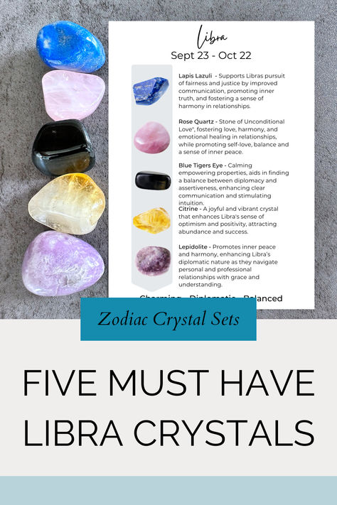 libra zodiac crystal set with five tumbled stones and properties card Libra Crystals, Zodiac Crystals, Attracting Abundance, Birthday Presents For Her, August Birthday, Astrology Gift, Clear Communication, Blue Tigers Eye, Rose Quartz Stone