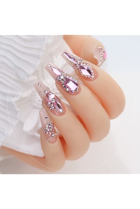 DOYIZZ Nail Art Rhinestones, Pink Crystal Nail Gems Stones, 3D Multi Shapes Flatback Nail Crystals Diamonds for Nail Design Face Craft Shoes Decor(Pink) Nail Designs With Stones Rhinestones, Stones Nails Design, Gemstone Nail Designs, Nail Stone Design Rhinestones, Pink Crystal Nails, Nails With Gems Rhinestones, Pink Nail Polish Designs, Pink Rhinestone Nails, Nail Crystal Designs