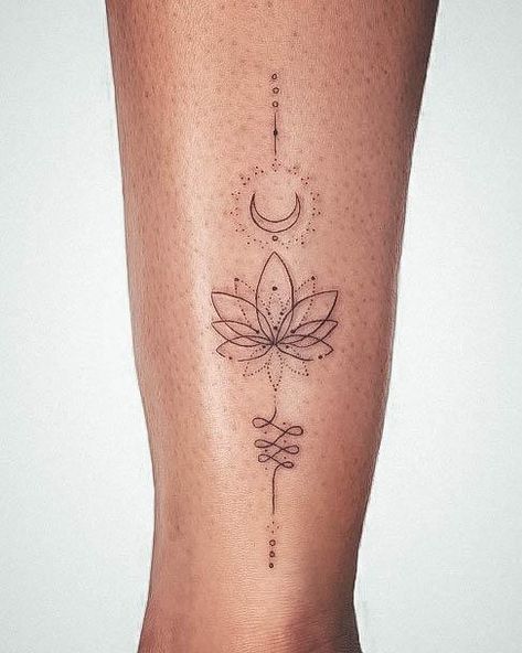 Buddhist Tattoos For Women, Top Of Leg Tattoos For Women, Boho Tattoos For Women, Fine Line Lotus Tattoo, Lotus Tattoo Ideas For Women, Unalome Tattoos, Buddhist Tattoos, Symmetrical Tattoos, Fineline Tattoo Ideas