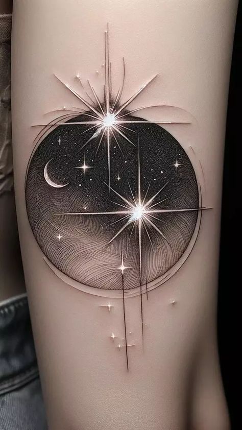 Circle Tattoo Cover Up Ideas, Back Tattoo Celestial, Light Bringer Tattoo, Sun Moon Water Tattoo, Tattoos For Surviving, Tattoo For My Son Mom, Moon Cover Up Tattoo, Abstract Moon Tattoo, Mothership Tattoo