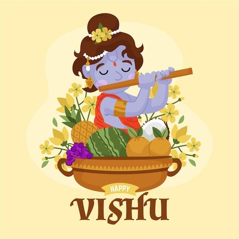 Hand drawn vishu illustration | Free Vector #Freepik #freevector #happy-vishu #vishu #hinduism #india-festival Happy Vishu Wishes, Vishu Wishes, Hanuman Mahadev, Vishu Kani, Vishnu Krishna, Krishna Shiva, Happy Vishu, Happy Ugadi, Raksha Bandhan