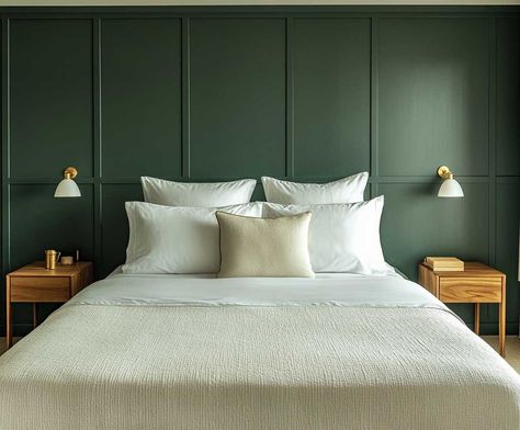 12 Bedroom Wall Panelling Ideas in Bold Green and White • 333+ Inspiring Lifestyle Ideas Paneling Bedrooms, Bedroom Wall Panelling, Wall Panelling Ideas, Panelling Ideas, Low Platform Bed, White Wall Paneling, Living Room Panelling, Wooden Side Tables, Inspiring Lifestyle