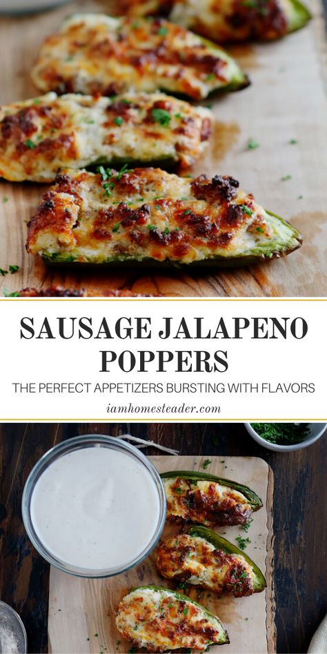 Sausage Jalapeno Poppers Recipes, Jalapeno Sausage Poppers, Cream Cheese And Sausage, Jalapeno Poppers With Sausage, Jalapeño Poppers Recipe, Popper Recipes, Jalapeno Popper Appetizer, Sausage Stuffed Jalapenos, Best Jalapeno Poppers